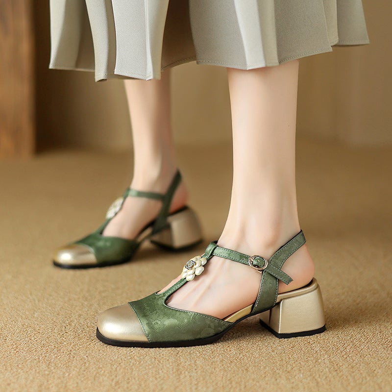 Wish 2024 Summer Mid-Heel Guofeng Flowers 33-43 Size Square Head Buckle Color-Matching Sandals - Image 4