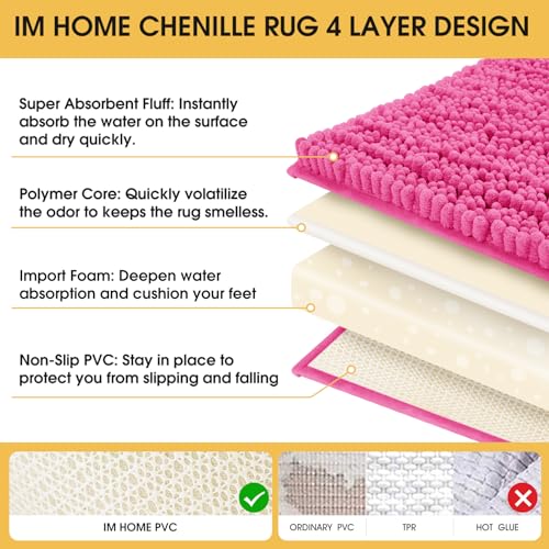 ACCUMTEK Upgrade Extra Large Shiny Pink Bathroom Rug Set 3 Pieces Ultra Soft, Thick Absorbent Bath Mats, Non Slip Chenille Toilet Mat for Bathroom, Bedroom, Kitchen - Image 4
