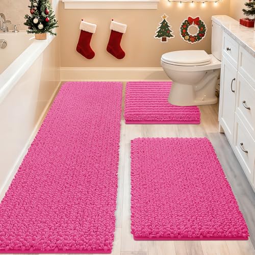 ACCUMTEK Upgrade Extra Large Shiny Pink Bathroom Rug Set 3 Pieces Ultra Soft, Thick Absorbent Bath Mats, Non Slip Chenille Toilet Mat for Bathroom, Bedroom, Kitchen - Image 1