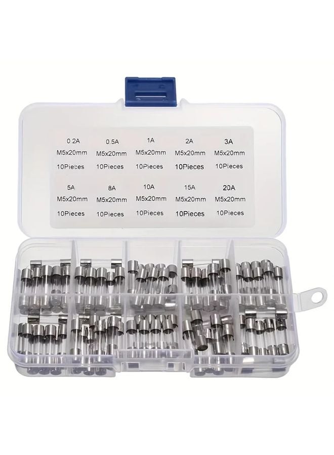 100pcs 5x20mm Glass Fuse Kit 0 2A To 20A Amp With Metal Storage Box Circuit Protection - Image 1