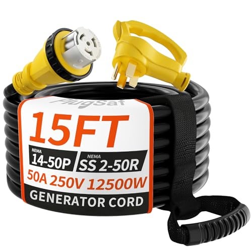 PlugSaf 50 Amp Generator Cord 15FT 50 Amp RV Extension Cord with Twist Lock Generator Cable 50A 4 Prong Yellow NEMA 1450PSS250R Heavy Duty STW Wire for RV Camper House - Image 1
