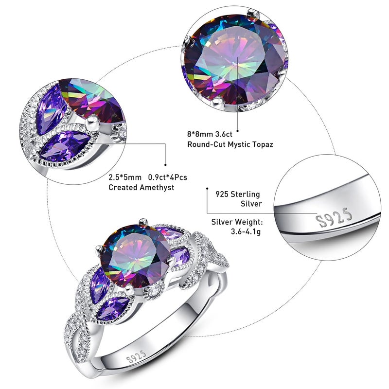 Yaresul 3.6ct Women's Round Created Rainbow Topaz Ring 925 Sterling Silver Engagement Rings for Women Bezel Setting Marquise Statement Womens Ring Size 7 - Image 5