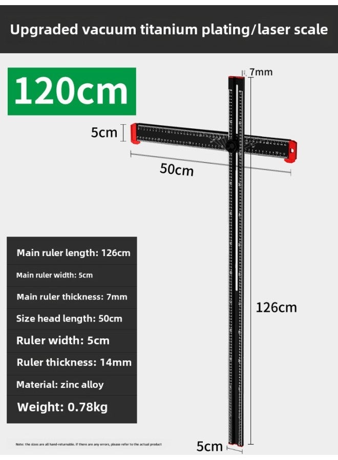 Woodworking Combination T-shaped Ruler Angle Ruler 90 Degree Ruler Aluminum Alloy Multi-function Ruler Positioning Sliding Measuring Ruler-Model:120cm Vacuum Titanium Plating/laser Scale  - Image 1