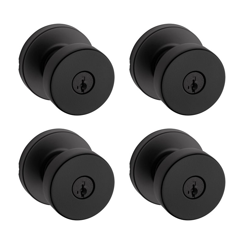 Kwikset Pismo Entry Door Knob With Lock And Key  Secure Keyed Handle Exterior  Front Entrance And Bedroom  Matte Black  4 Pack  Pick Resistant Smartkey Rekey Security And Microban - Image 1