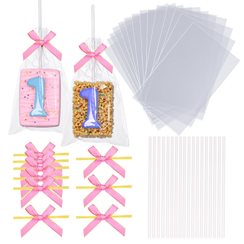 ROSPAKTEK 50pcs 4x6Inches Clear Rice Krispie Treat Bags with Sticks and Ties Bows Rice Kit Cakesicle Bags Individually Wrapped Packaging for Marshmallow Mcaron Pop Candy Apple Cookies Cake Ore Pop - Image 1