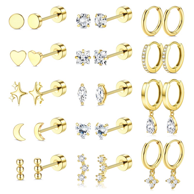 Florideco Hypoallergenic Flat Back Earrings for Women 14K Gold Plated Surgical Steel Stud Hoop Earrings for Sensitive Ears Stainless Steel Earrings Flatback Stud Cartilage Earring Set - Image 1