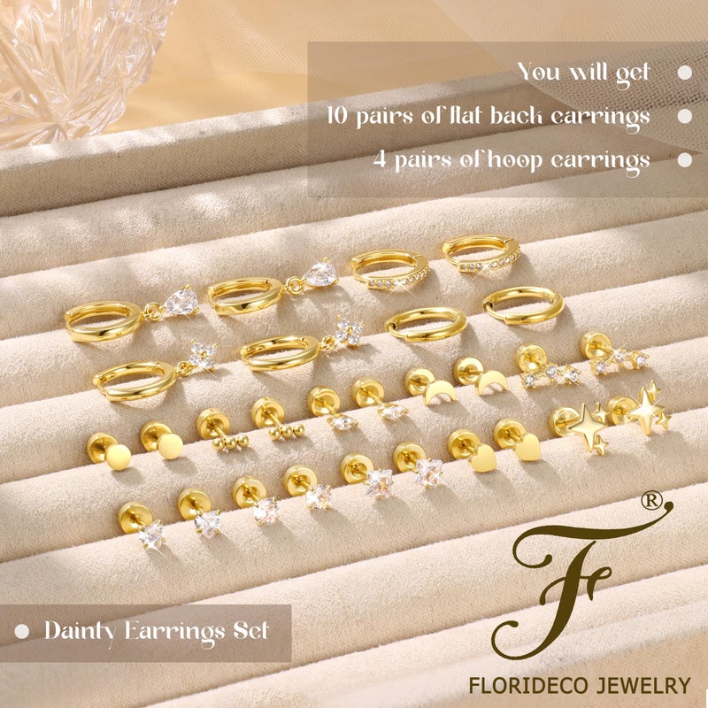 Florideco Hypoallergenic Flat Back Earrings for Women 14K Gold Plated Surgical Steel Stud Hoop Earrings for Sensitive Ears Stainless Steel Earrings Flatback Stud Cartilage Earring Set - Image 3