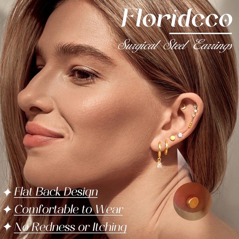 Florideco Hypoallergenic Flat Back Earrings for Women 14K Gold Plated Surgical Steel Stud Hoop Earrings for Sensitive Ears Stainless Steel Earrings Flatback Stud Cartilage Earring Set - Image 2