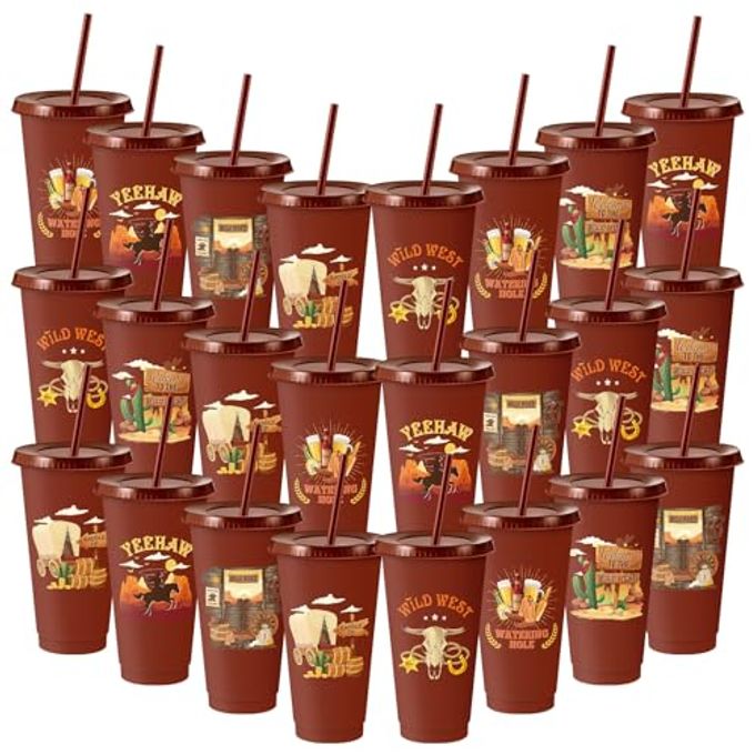 Chuangdi 24 Pcs Western Party Cowboy Plastic Tumbler Cowboy Boot Cups 24 oz with Lids and Straw for Rodeo Supplies Decorations Party Boys Girls
