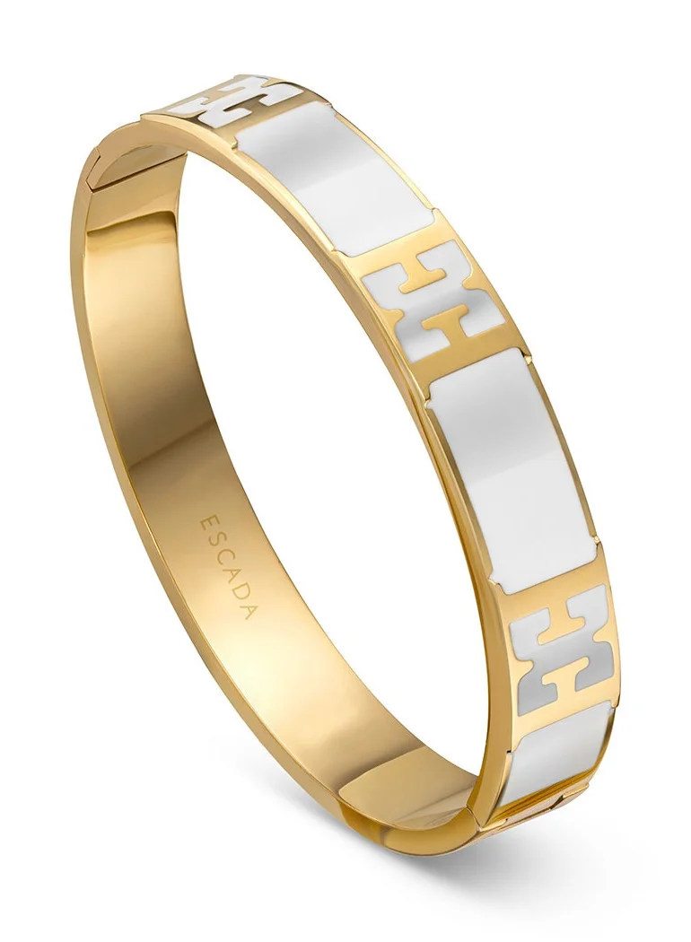 ESCADA Scarlett Gold Plated Bangle with Logo Cutout and White Enamel Detail