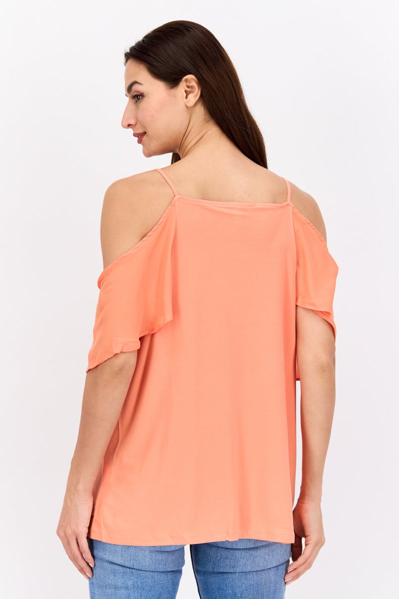 NINE WEST بلوزة نسائية بفتحة رقبة مربعة وأكمام باردة، برتقالي مرجاني - Image 3