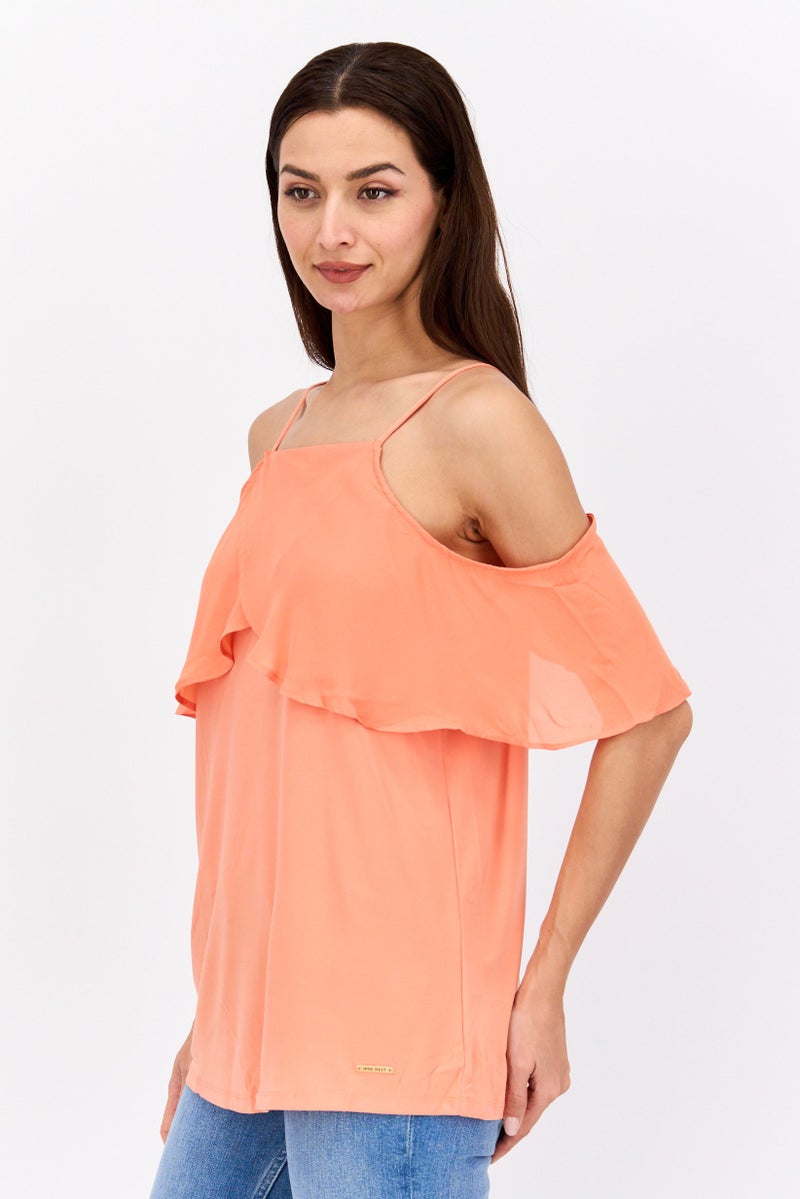 NINE WEST بلوزة نسائية بفتحة رقبة مربعة وأكمام باردة، برتقالي مرجاني - Image 2