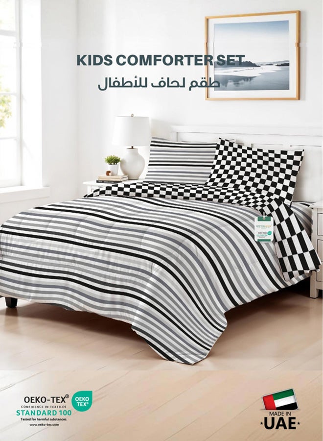 Cotton home طقم لحاف قطن منزلي مكون من 4 قطع للبالغين يشمل 1 لحاف 160x220 سم، 1 ملاءة مشدودة 120x200 سم، و2 غطاء وسادة 50x75+5 سم، مخطط رمادي - Image 1