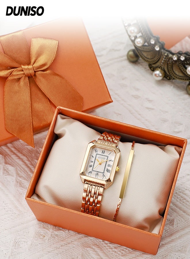 DUNISO Women's Quartz Watch and Bracelet Set,Simple Square Quartz Wristwatch with Stainless Steel Bracelet, Gift for Women Gift - Image 1