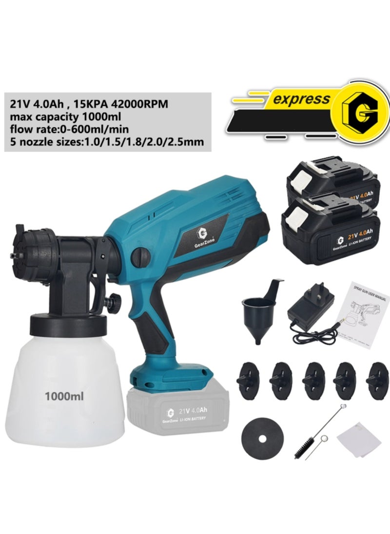 GearZone GearZone Cordless Paint Sprayer with 2 Batteries 21V 4.0Ah, Cordless Spray Paint Machine with 5 Nozzles and 1000ml Bottle, High Pressure Electric Sprayer for Home Furniture (Blue)  - Image 2