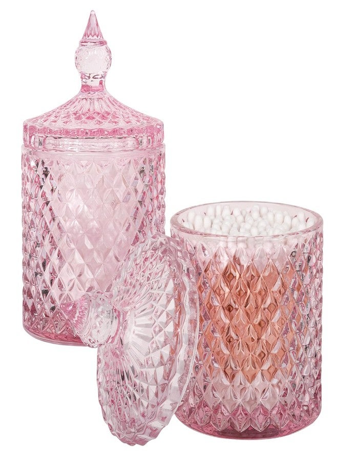 rejomiik 2 Pack Qtip Holder Thick Glass Apothecary Jars with Lid for Bathroom Decor Storage Organizer for Cotton Swabs, Balls, Pads, Floss Picks, Candy, Jewelry, Pink - Image 1