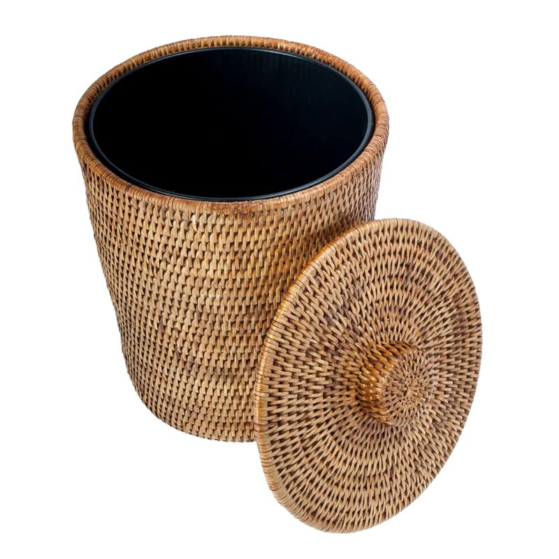 Kouboo KOUBOO La Jolla Rattan Round Waste Basket With Lid  Plastic Insert 2 Gallon Woven Wastebasket for Bathroom Kitchen Office Living Room  Home Decor Honey Brown  - Image 2