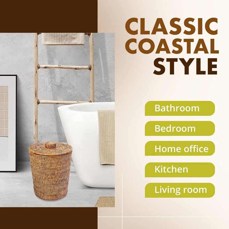 Kouboo KOUBOO La Jolla Rattan Round Waste Basket With Lid  Plastic Insert 2 Gallon Woven Wastebasket for Bathroom Kitchen Office Living Room  Home Decor Honey Brown  - Image 5