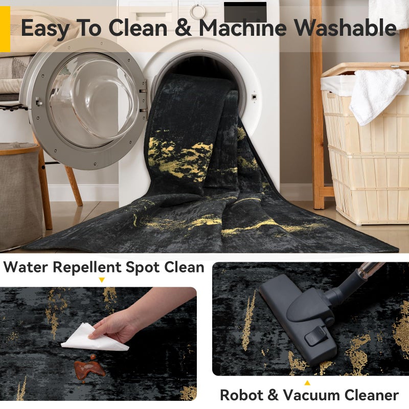 RELEANY Washable Area Rugs 2'x4' Non-Slip Modern Abstract Soft for Living Room Entryway Bedroom Nursery  Print Pattern  Dark Black Gold - Image 5