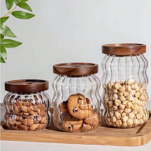 UMAI Wave Series Borosilicate Glass Jar with Bamboo Lid | Kitchen Organizer Items & Storage| Multiutility, Leakproof, Airtight Storage Jar for Cookies,Tea,Coffee,Sugar|Set of 3 (400ml, 620ml, 750ml) - Image 1