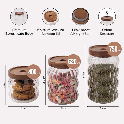 UMAI Wave Series Borosilicate Glass Jar with Bamboo Lid | Kitchen Organizer Items & Storage| Multiutility, Leakproof, Airtight Storage Jar for Cookies,Tea,Coffee,Sugar|Set of 3 (400ml, 620ml, 750ml) - Image 3
