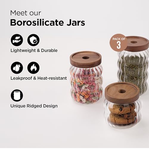 UMAI Wave Series Borosilicate Glass Jar with Bamboo Lid | Kitchen Organizer Items & Storage| Multiutility, Leakproof, Airtight Storage Jar for Cookies,Tea,Coffee,Sugar|Set of 3 (400ml, 620ml, 750ml) - Image 2