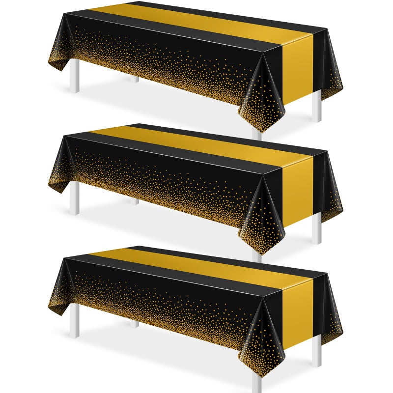 MASHAN 3Pcs Black and Gold Tablecloth Party Decorations,Plastic Black Table Cloth Printed Gold Table Runner Disposable Rectangle Tables Cover for Birthday Retirement Anniversary Graduation Party,54 x108 Inch - Image 1