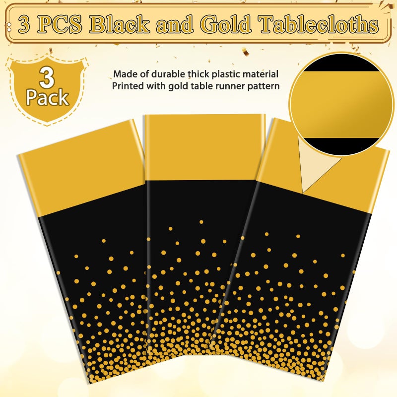 MASHAN 3Pcs Black and Gold Tablecloth Party Decorations,Plastic Black Table Cloth Printed Gold Table Runner Disposable Rectangle Tables Cover for Birthday Retirement Anniversary Graduation Party,54 x108 Inch - Image 4