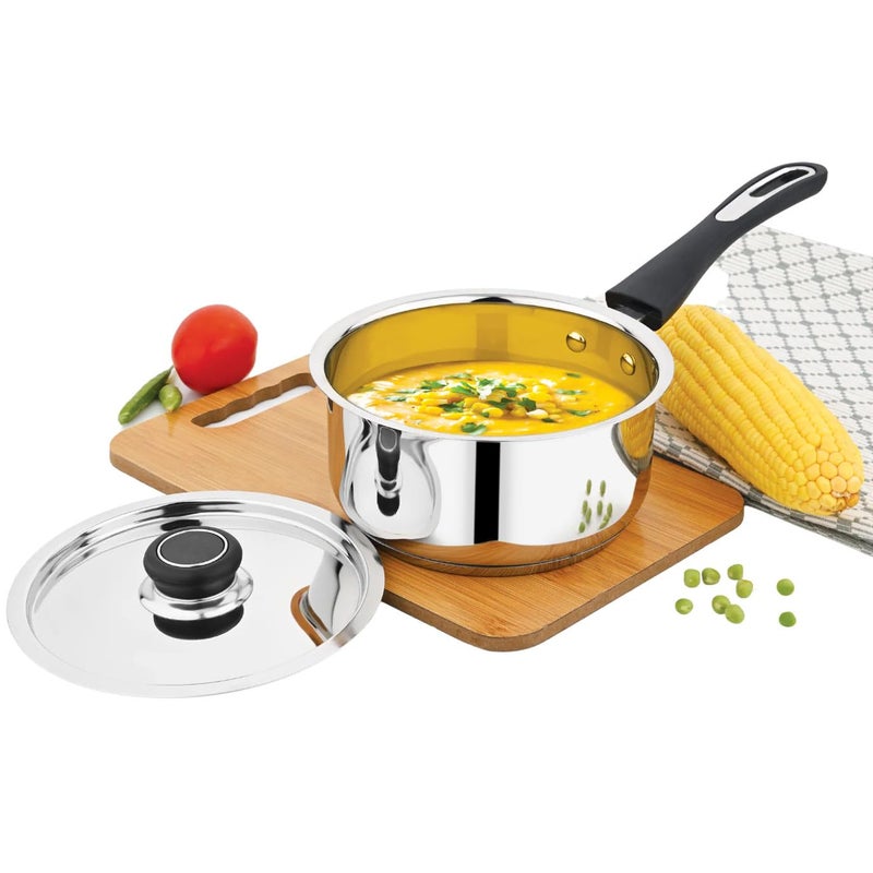 DONIV Sorrento Stainless Steel Sandwich Bottom Sauce Pan with Lid, 18 cm, Cool Touch Bakelite Handle, Induction Friendly, Sauce Pan with Steel Lid, ISI Certified, 5 Year Warranty, Pack of 1 - Image 1