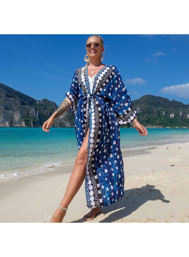 Loquat 2022 European And American Beach Blouse Positioning Printed Rayon Holiday Long Cardigan Bikini Women's Sunscreen Shirt-Color:14-Rose Purple- - Image 2