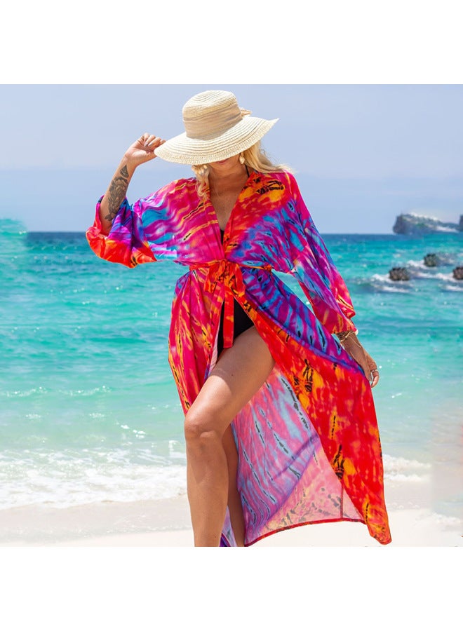 Loquat 2022 European And American Beach Blouse Positioning Printed Rayon Holiday Long Cardigan Bikini Women's Sunscreen Shirt-Color:14-Rose Purple- - Image 1