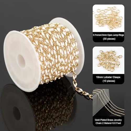 YOUBEIYEE White Enamel Cable Chain Customize Necklace DIY Jewelry Chain Roll, 2 Meters Gold Plated Brass Chain with Jump Rings and Lobster Clasps - Image 2