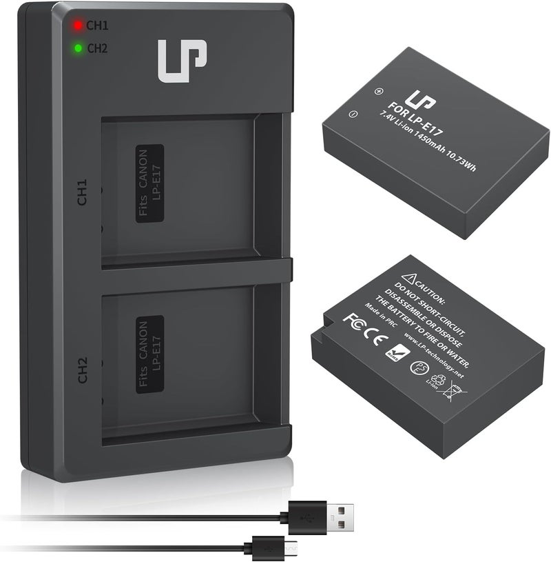 L & P -E17 Battery Charger Pack, Compatible with Canon EOS R8, R10, R50, RP, Rebel T6i, T7i, T8i, T6s, SL2, SL3, EOS 77D, 200D, 750D, 760D, 800D, 8000D, M3, M5, M6 Mark II, KISS X8i & More DSLR Camera - Image 1