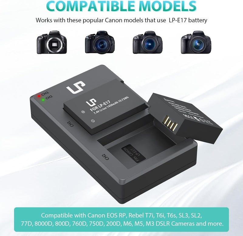L & P -E17 Battery Charger Pack, Compatible with Canon EOS R8, R10, R50, RP, Rebel T6i, T7i, T8i, T6s, SL2, SL3, EOS 77D, 200D, 750D, 760D, 800D, 8000D, M3, M5, M6 Mark II, KISS X8i & More DSLR Camera - Image 2
