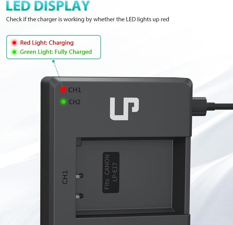L & P -E17 Battery Charger Pack, Compatible with Canon EOS R8, R10, R50, RP, Rebel T6i, T7i, T8i, T6s, SL2, SL3, EOS 77D, 200D, 750D, 760D, 800D, 8000D, M3, M5, M6 Mark II, KISS X8i & More DSLR Camera - Image 4