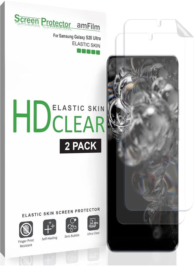 Amfilm amFilm Galaxy S20 Ultra Screen Protector (2 Pack), Case Friendly (Fingerprint Scanner Compatible) HD Clear Elastic Skin TPU Film (Easy Installation) Screen Protector for Samsung Galaxy S20 Ultra 