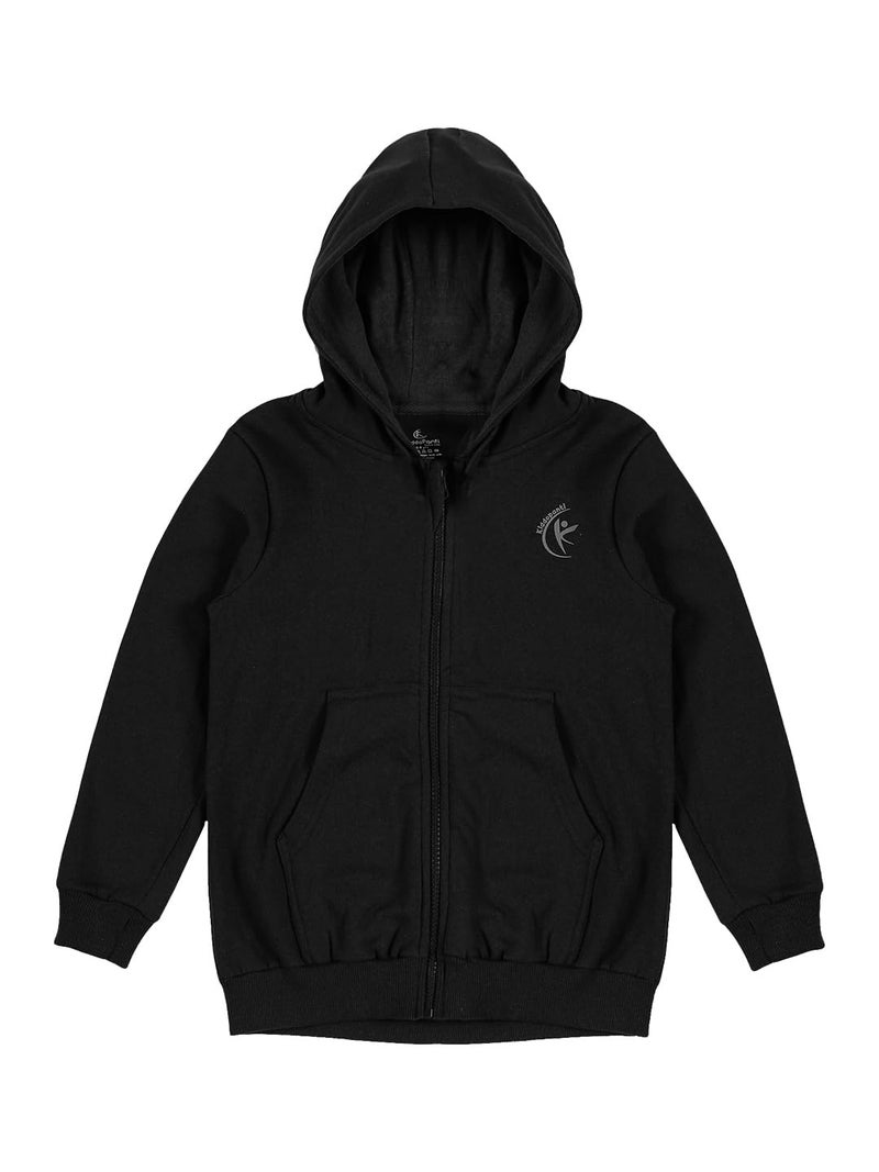 KiddoPanti Boys & Girls-Child Cotton Blend Solid Full Sleeve Zip Front Open Hooded Sweatshirt, Black, 6-8Years, Regular - Image 1