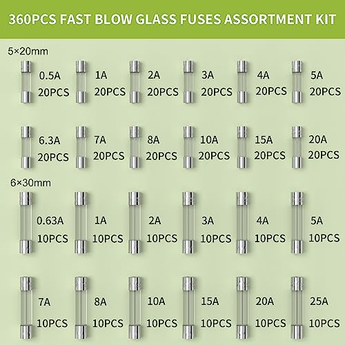 Joinfworld 360Pcs Fast Blow Glass Fuse Assortment Kit 24 Values Automotive Fuses Kit 250V 0.5A 0.63A 1A 2A 3A 4A 5A 6.3A 7A 8A 10A 15A 20A 25A 5x20mm & 6x30mm Glass Fuses - Image 2