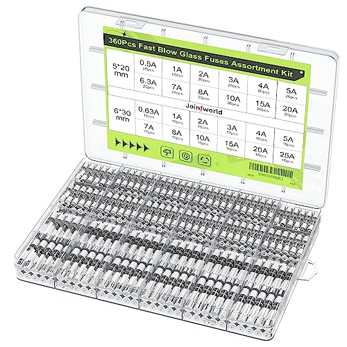 Joinfworld 360Pcs Fast Blow Glass Fuse Assortment Kit 24 Values Automotive Fuses Kit 250V 0.5A 0.63A 1A 2A 3A 4A 5A 6.3A 7A 8A 10A 15A 20A 25A 5x20mm & 6x30mm Glass Fuses - Image 1