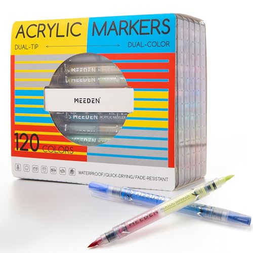 MEEDEN Acrylic Paint Markers Dual Tip: 120 Colors/60 Pcs Brush Tip Acrylic Marker with Automatic Ink Control for Art Supplies - Quick Dry Paint Pens for Rock, Wood, Glass, Easter Basket Stuffers - Image 1