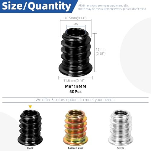 Glarks 50pcs Black M6 x 15mm Threaded Inserts Nuts Carbon Steel Hex Socket Drive Nut Inserts for Bed Frames Boards Wood Furniture Bolt Fastener - Image 3