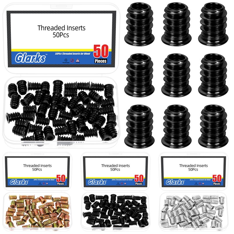 Glarks 50pcs Black M6 x 15mm Threaded Inserts Nuts Carbon Steel Hex Socket Drive Nut Inserts for Bed Frames Boards Wood Furniture Bolt Fastener - Image 2