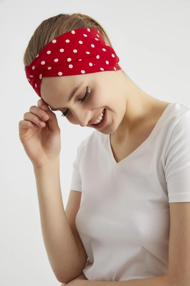 بوتيكجيز Red and White Polka Dot Boutique Women's Bandana Hair Band, Extra Soft, Flexible, Natural, Combed Cotton