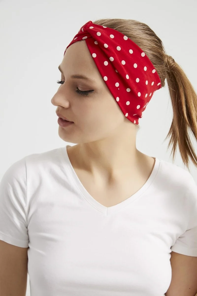 بوتيكجيز Red and White Polka Dot Boutique Women's Bandana Hair Band, Extra Soft, Flexible, Natural, Combed Cotton