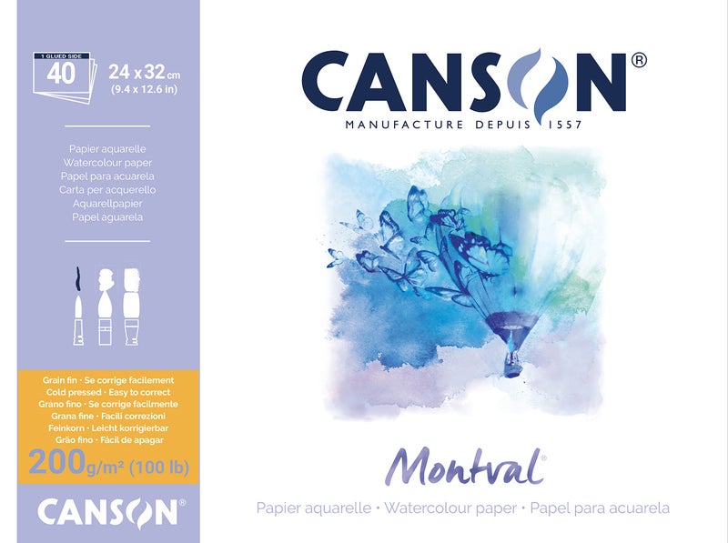 Canson Montval 200gsm Watercolour Practice Paper pad Including 40 Sheets, Size:24x32cm, Natural White and Cold Pressed (Not) - Image 1