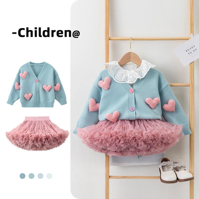 Korean Style Children'S Knitted Cardigan 2025 Spring & Fall Popular Stereo Heart Fashion Versatile And Western Style Convex Skirt Matchinging - Image 3