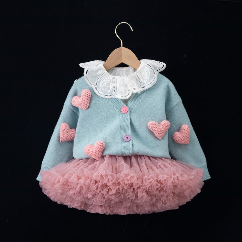 Korean Style Children'S Knitted Cardigan 2025 Spring & Fall Popular Stereo Heart Fashion Versatile And Western Style Convex Skirt Matchinging - Image 4