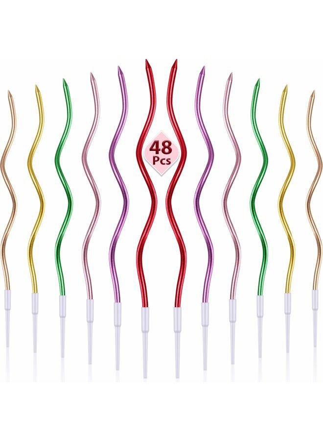 BBTO 48 Pieces Twisty Birthday Candles Spiral Cake Candles with Holders Metallic Cake Cupcake Candles Long Thin Curly Coil Cake Candles for Birthday, Wedding Party and Cake Decoration (Metallic Colorful) - Image 1