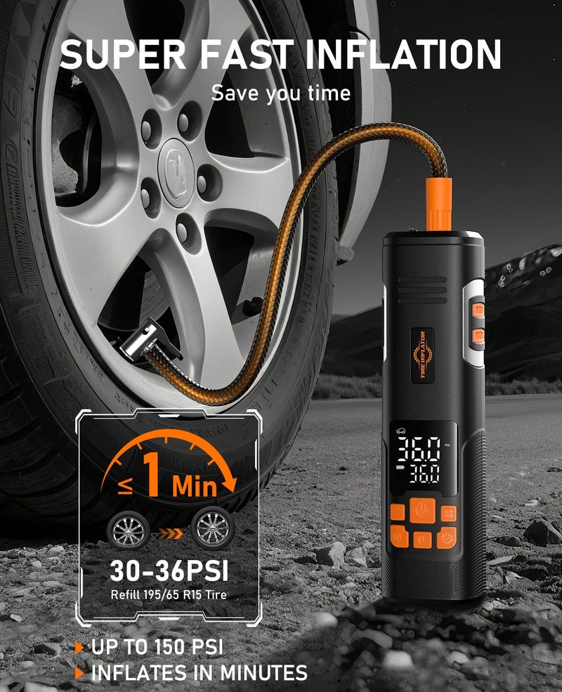 Aneson Tire Inflator Portable Air Compressor, 150PSI Air Pump for Car Tires, LED Light & Auto Shutoff, Cordless Electric Bike Tire Pump with Digital Pressure Gauge for Car, Motorcycle, Bicycle, Ball - Image 2