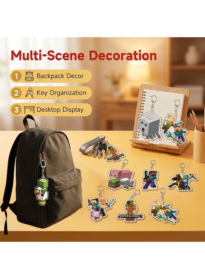 MINECRAFT 8 Pcs Minecraft Game Character Acrylic Keychains Set Pixel Pattern Pendant Key Rings, Backpack Bag Hanging Ornament Collectible Birthday Gift for Kids Boys Girls Game Fans - Image 4